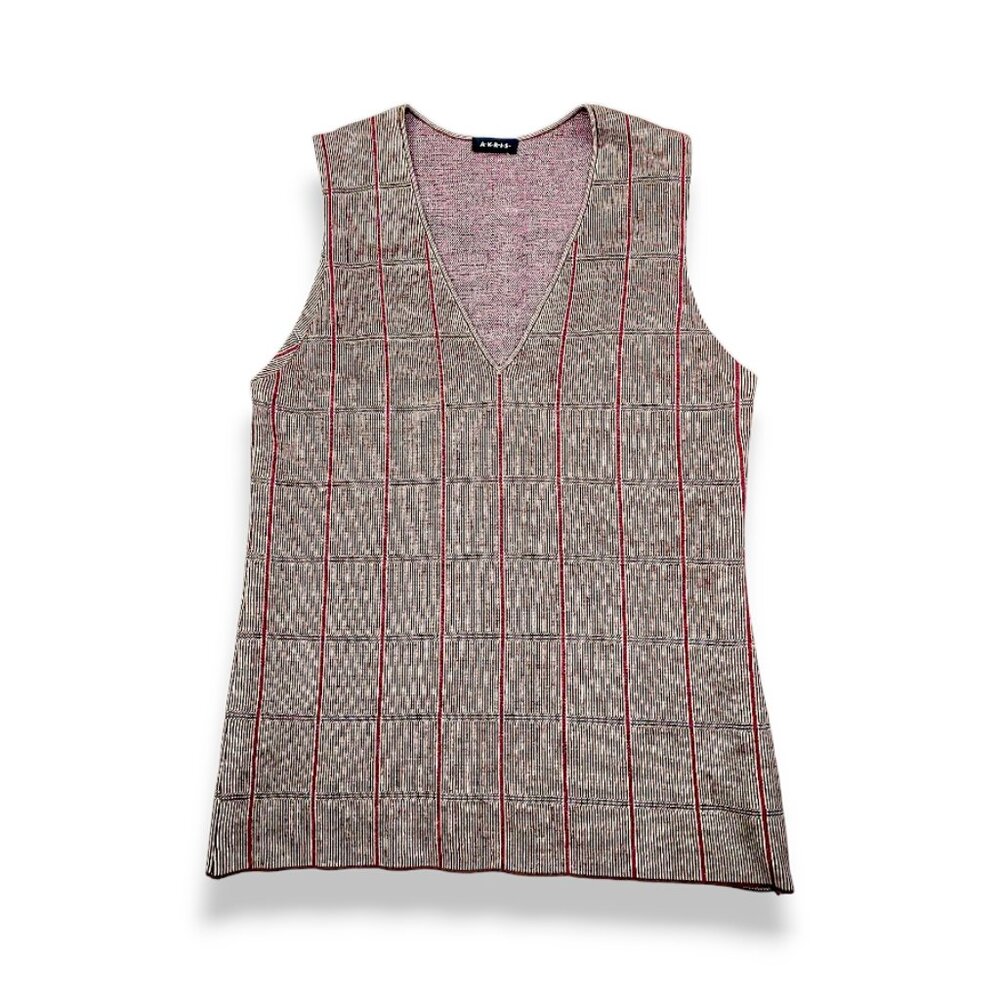 Akris v-neck knit plaid top in neutral brown / red / beige S/M